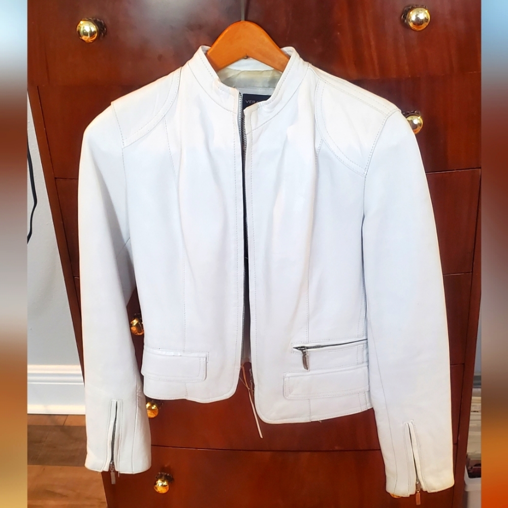 White Florentine leather motorcycle inspired jacket.